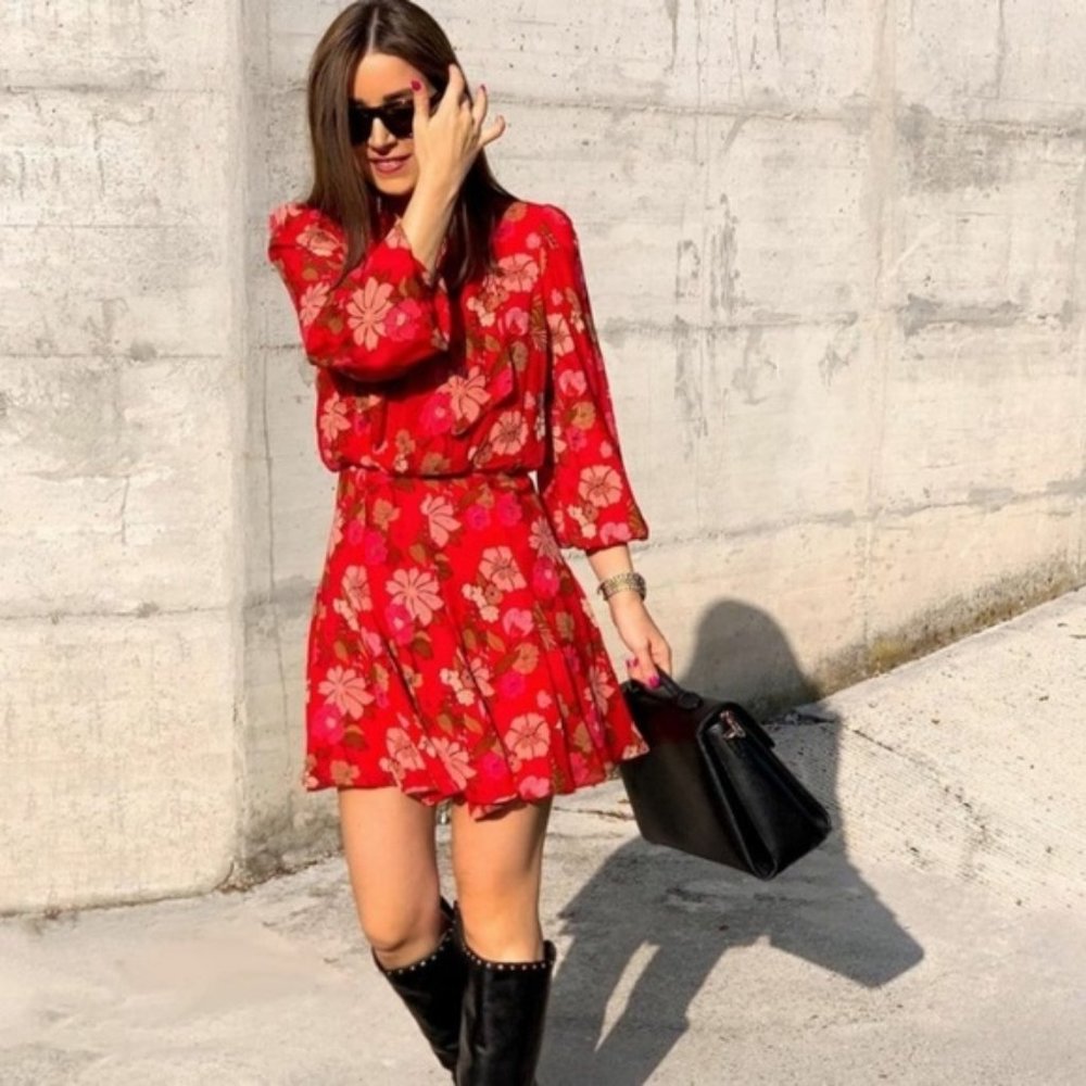 Zara Neck Tie Red Floral Long Sleeve Dress Size XS